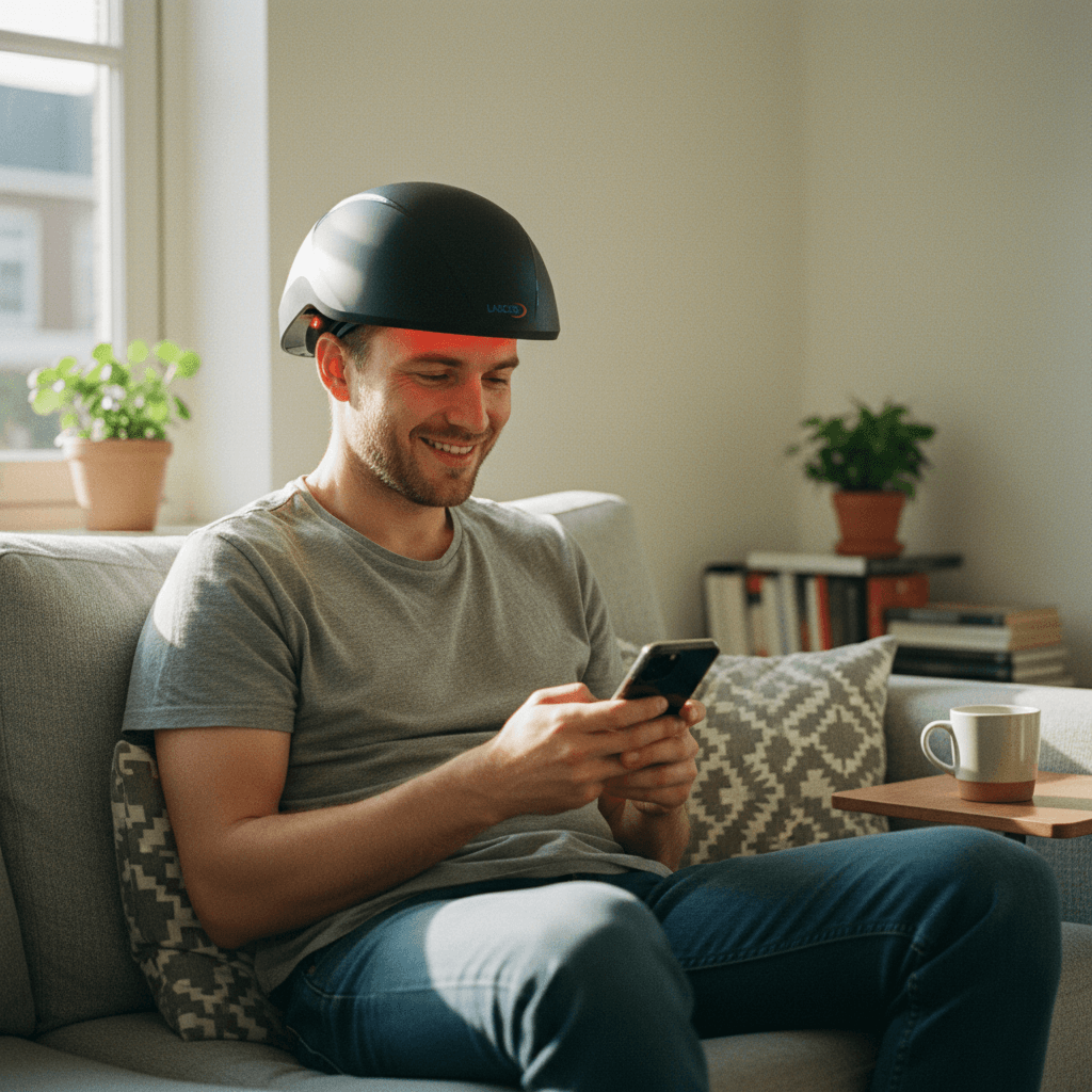 Man wearing Lascure helmet on sofa