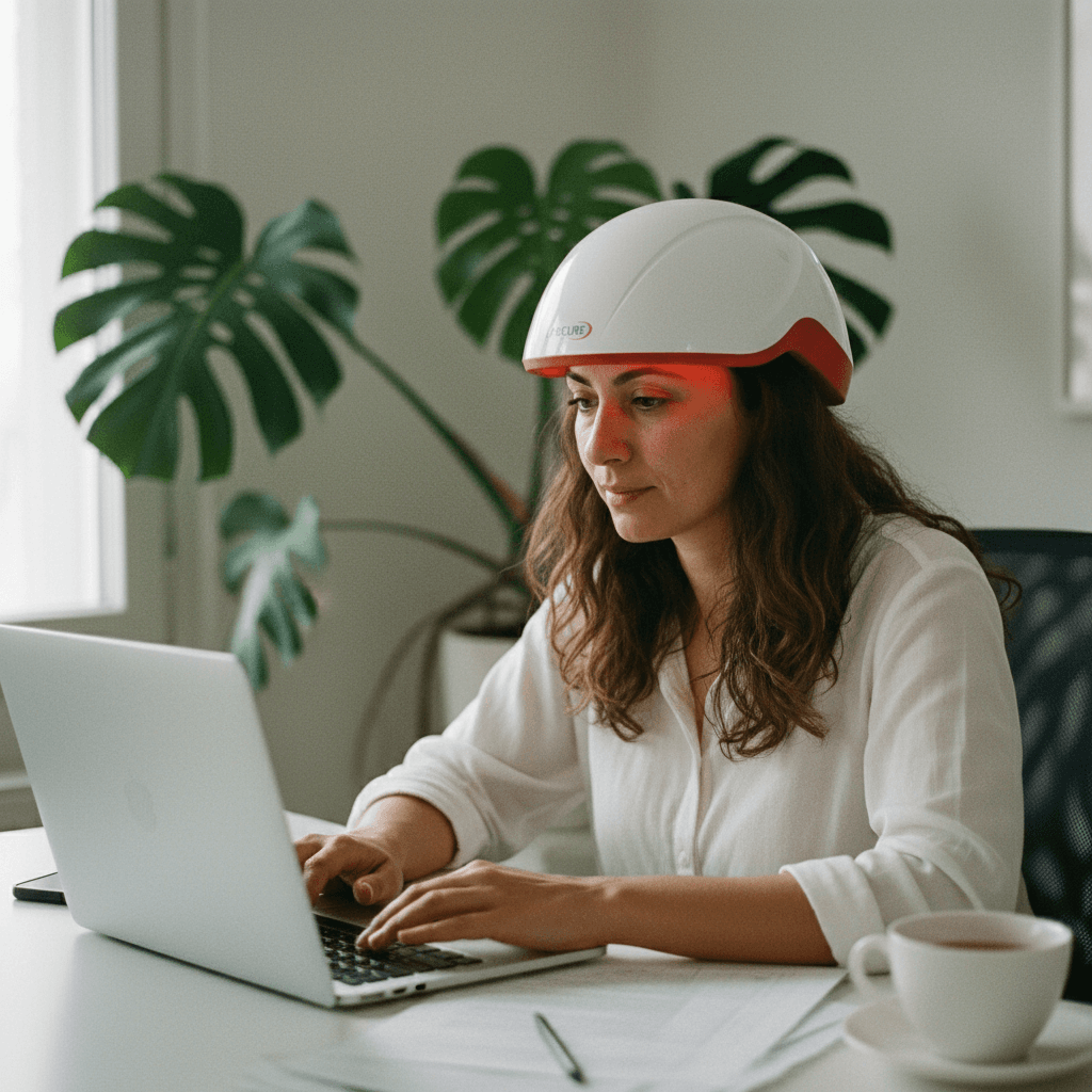 Woman wearing Lascure helmet at desk