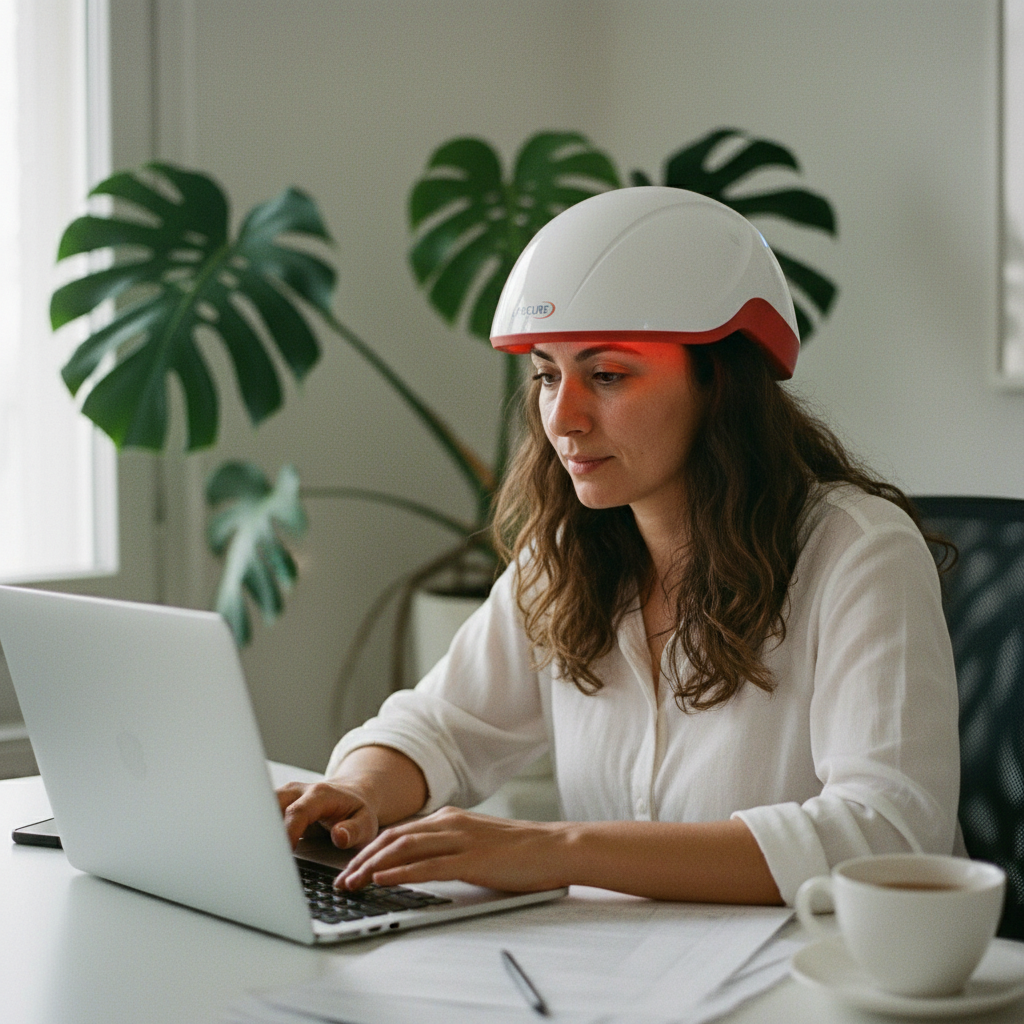Woman wearing Lascure helmet at desk