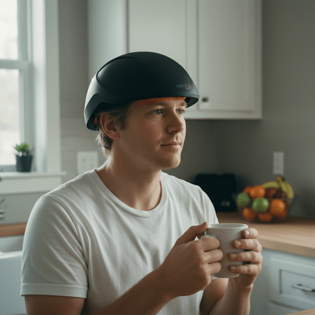 Man wearing Lascure helmet with morning coffee