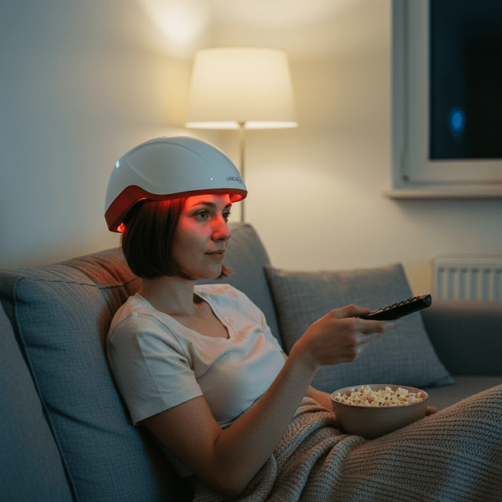Woman wearing Lascure helmet watching TV