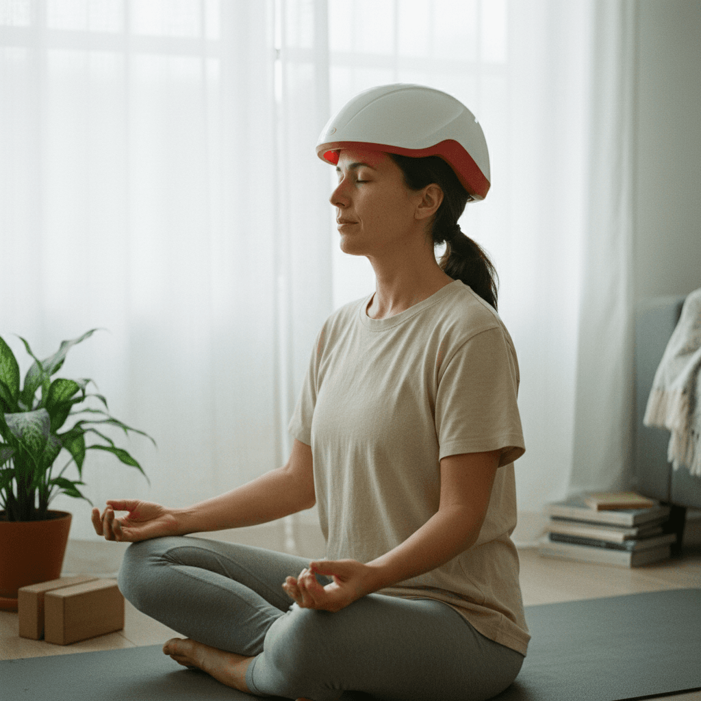 Woman wearing Lascure helmet after yoga