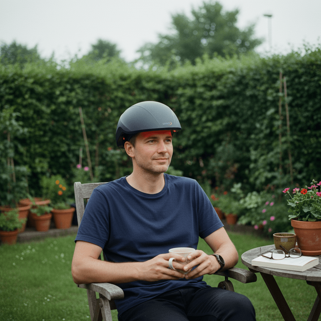 Man wearing Lascure helmet in garden