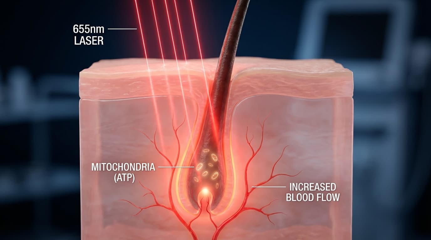 How 655nm laser light penetrates the scalp to activate mitochondria and increase blood flow around the hair follicle