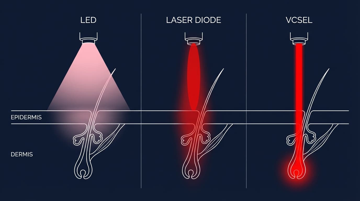 Beam comparison: LED scatters at the surface, laser diode is partially focused, VCSEL beam reaches hair follicle depth