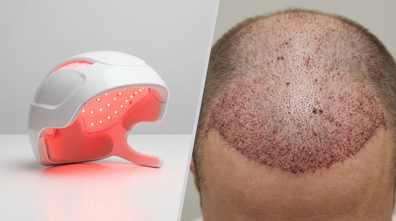 Vergelijking laserhelm LLLT links versus haartransplantatie rechts