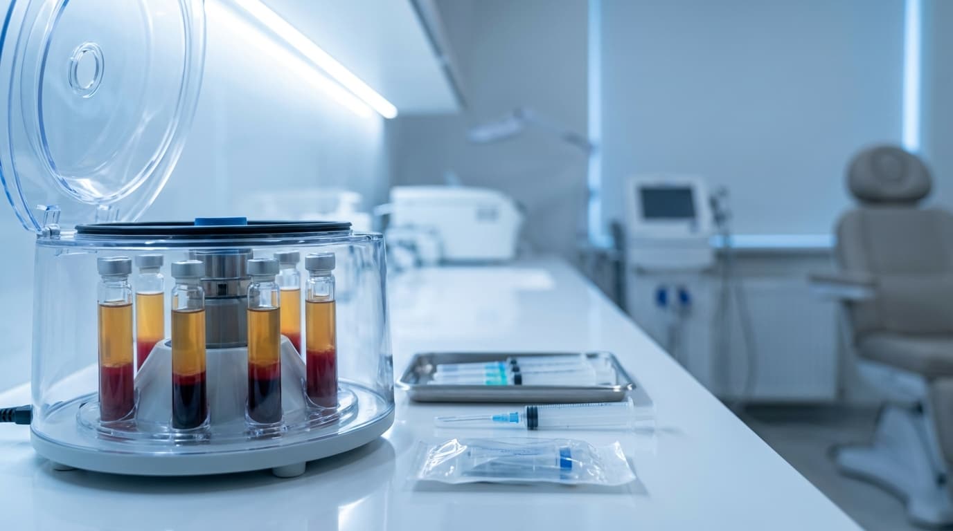 PRP platelet-rich plasma behandeling setup met centrifuge en bloedbuisjes in een dermatologiekliniek